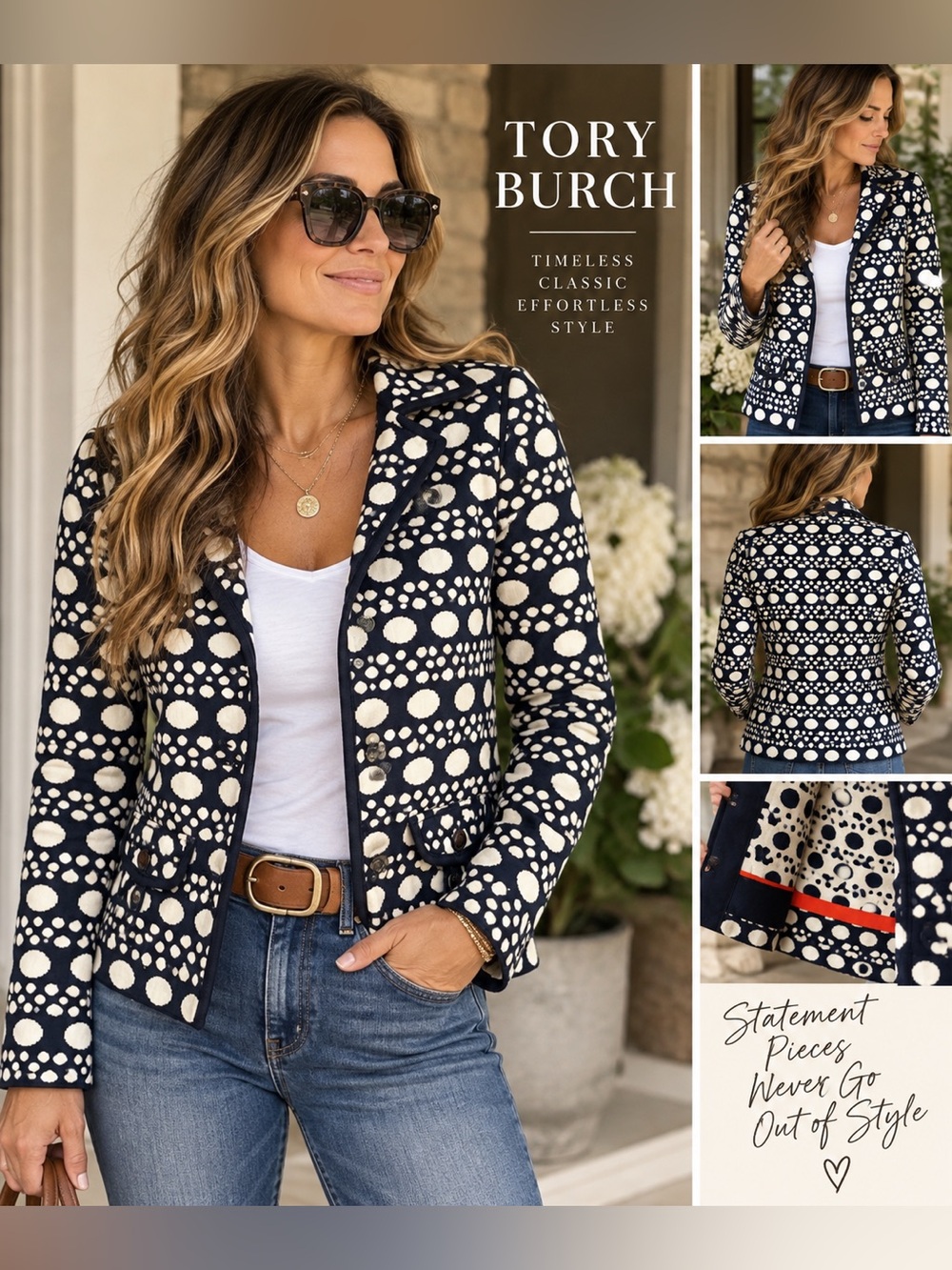 Tory Burch Navy and Cream Polka Dot Blazer
